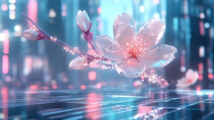Crystal cherry blossom in futuristic city.