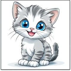 Happy grey kitten cartoon, smiling, white background, children's book illustration