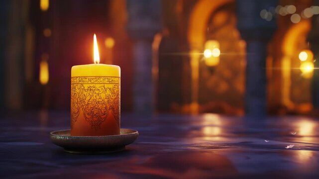 Ornate candle burns brightly on dark surface warm background glows.