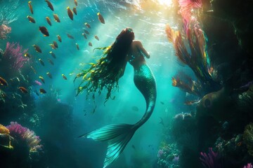 Mermaid in ethereal sea scene with bioluminescent fish
