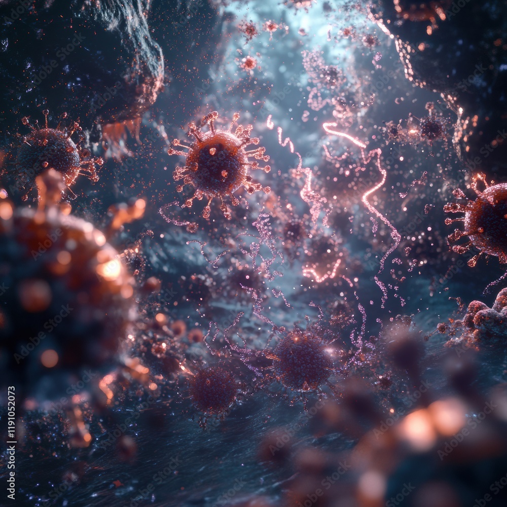 Fototapete viruses invading human cells in a microscopic environment with intricate details of cellular structu
