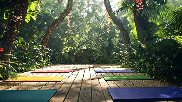 Serene yoga mats on wooden path in lush tropical garden.