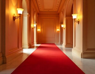 Red carpet over a white marble luxury floor, premium corridor, suxcess, business, richness, rich, popularity, business, lifestile, gold, red velvet carpet, white marble walls and column, golden decora