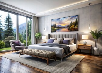 Spacious Modern Bedroom with Large Rug, Double Bed & Benches - Gray Ink Landscape Art