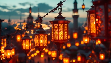 Obraz premium Glowing Lantern String: Warm, Festive Night Scene