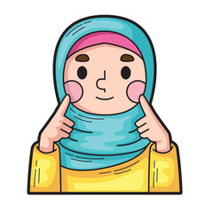 Happy hijab wearing girl touching rosy cheeks, perfect for beauty or skincare advertisements targeting young Muslim women. Feminine and cheerful