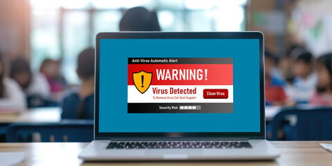 Virus warning alert on computer screen detected brisk cyber threat , hacker, computer virus and malware
