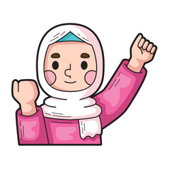 Girl in hijab raising both fists. Empowerment, feminist, diversity, strength, religion, activism, Muslim culture, confidence, protest, equality, justice concepts