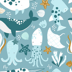 Vector cute seamless pattern with sea creatures, shells and seaweed. Whale, stingray, octopus, narwhal, hammerhead shark. Creative kids texture for fabric, wrapping, textile, wallpaper. Nursery.
