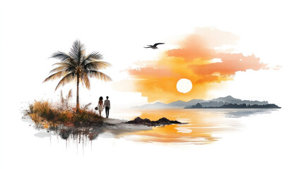 yellow watercolor painting of a couple holding hands watching the sunrise on the beach