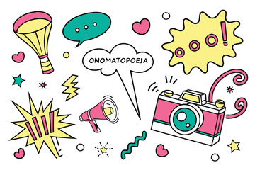 Comic book style speech bubbles, colorful pop art expressions, hand-drawn doodles, exclamations and onomatopoeia, retro cartoon elements, vibrant colors, various shapes and sizes, word bubbles, though