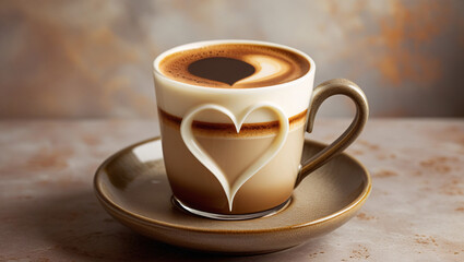 Obraz premium A rich flat white with dark espresso and creamy steamed milk, topped with a heart design, in an earthy-toned ceramic cup, set against a cozy, muted background.