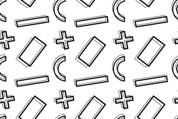 Minimalist black-and-white seamless pattern featuring crosses, rectangles, and semi-circles in an abstract design.