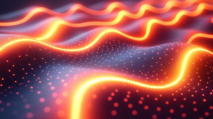 Abstract Orange and Red Glowing Waves Background with Dynamic Particle Flow