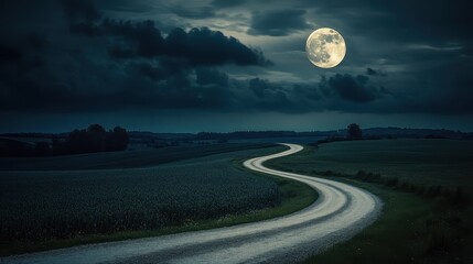 Serene Supermoon Over Winding Country Road in Night Sky