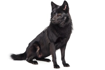 Obraz premium Black Wolfdog Poses Majestically, Sitting Calmly Outdoors