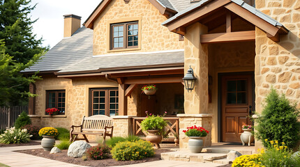 Fototapeta premium Luxury Stone House Exterior: Dream Home Design and Landscaping