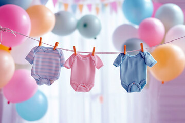 Adorable display of baby clothes hanging on a clothesline as part of a baby shower decoration, with balloons in the background.