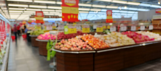 supermarket aisle and shelves blurred background. grocery store retail business concept