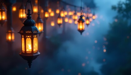 Enchanted Evening: Glowing Lanterns in a Mystical Fog