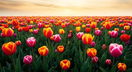 A meadow filled with colorful tulips of various shades swaying gently in the breeze