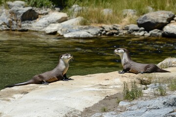 Fototapeta premium Two Northern river otters Lutra canadensis enjoying a warm summer day in Yellowstone National Park, Wyoming, United States of America 