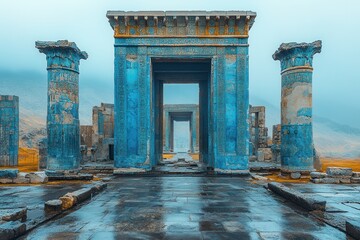 Ancient ruins showcase blue columns and arches against a misty mountain backdrop in a remote location during overcast weather