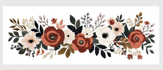 Fototapeta premium Elegant floral illustration with red and white flowers, leaves, and soft earthy tones