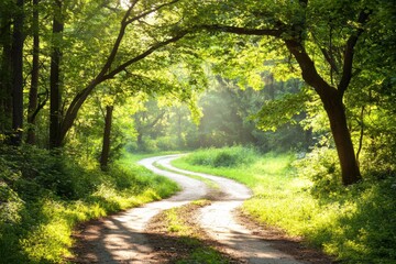 Obraz premium Winding road through lush forest under warm summer sunlight