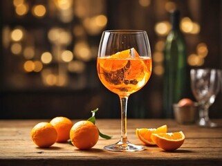 Naklejka premium A stemmed wine glass filled with a bright orange Aperol Spritz sits on a polished wooden table.