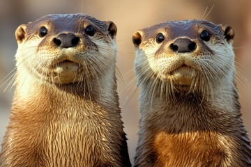 Two Northern river otters Lutra canadensis enjoying a warm summer day in Yellowstone National Park, Wyoming, United States of America 