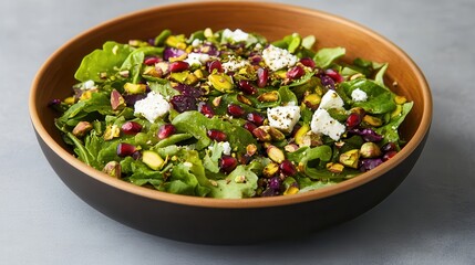 Pistachios are a vegan source of healthy fats. Fresh salad with greens, nuts, and pomegranate seeds.