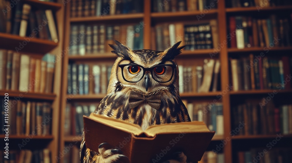 Aufkleber owl wearing glasses and bow tie poses in front of a grand bookshelf filled with books in a cozy libr