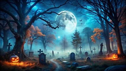 Spooky Halloween Night Scene: Dark Sky, Creepy Trees, Graveyard,  Space for Text Overlay