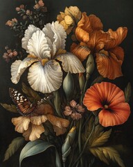 Irises, Poppy, Butterfly Still Life Painting