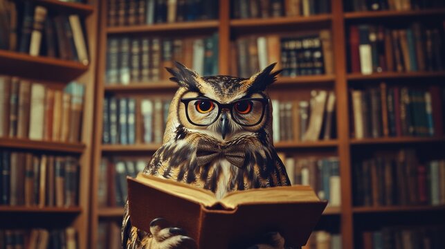Owl wearing glasses and bow tie poses in front of a grand bookshelf filled with books in a cozy library setting. Generative AI