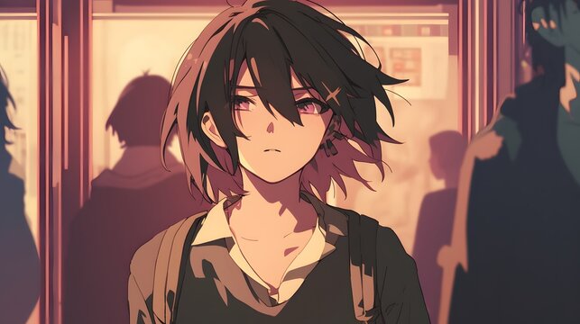 A high school boy with striking black hair and pink eyes walks into his new school year with confidence