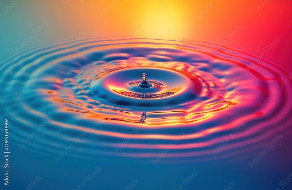 Poster colorful water ripples form vibrant patterns around drop. abstract design with concentric circles. v