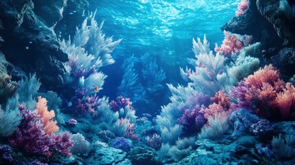 Naklejka premium Underwater marine life of a coral reef. Illustration of background in a blue palette colours 