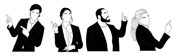 Set of different Business People pointing to the side and up with fingers. Diverse Men, women in suit showing with hands, positive emotions. Vector Characters for the presentation of goods or services