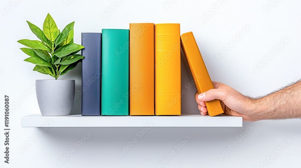 Poster A hand reaches for a colorful book on a shelf beside a potted plant, creating a modern and inviting reading space.
