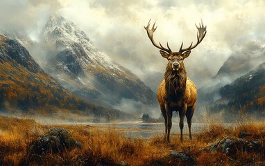Fototapeta premium Majestic Stag in Misty Highlands: A Breathtaking Autumn Landscape