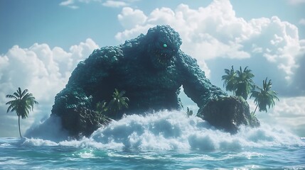 Water golem creating a protective barrier of waves around a small island