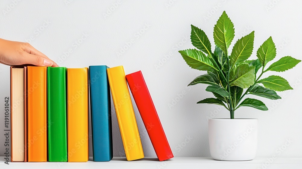 Poster a colorful array of books stands on a shelf beside a vibrant green plant in a modern pot, creating a