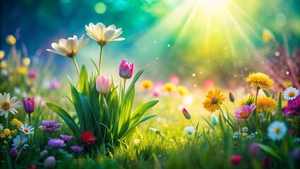 Spring Meadow: Vibrant Green Grass with Blooming Flower Border Double Exposure Stock Photo