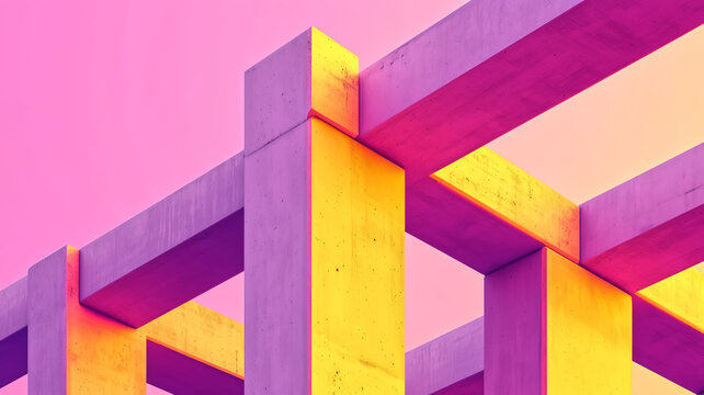 Concrete beams intersect against vibrant pink and yellow sky, showcasing modern architectural design with bold colors and geometric patterns