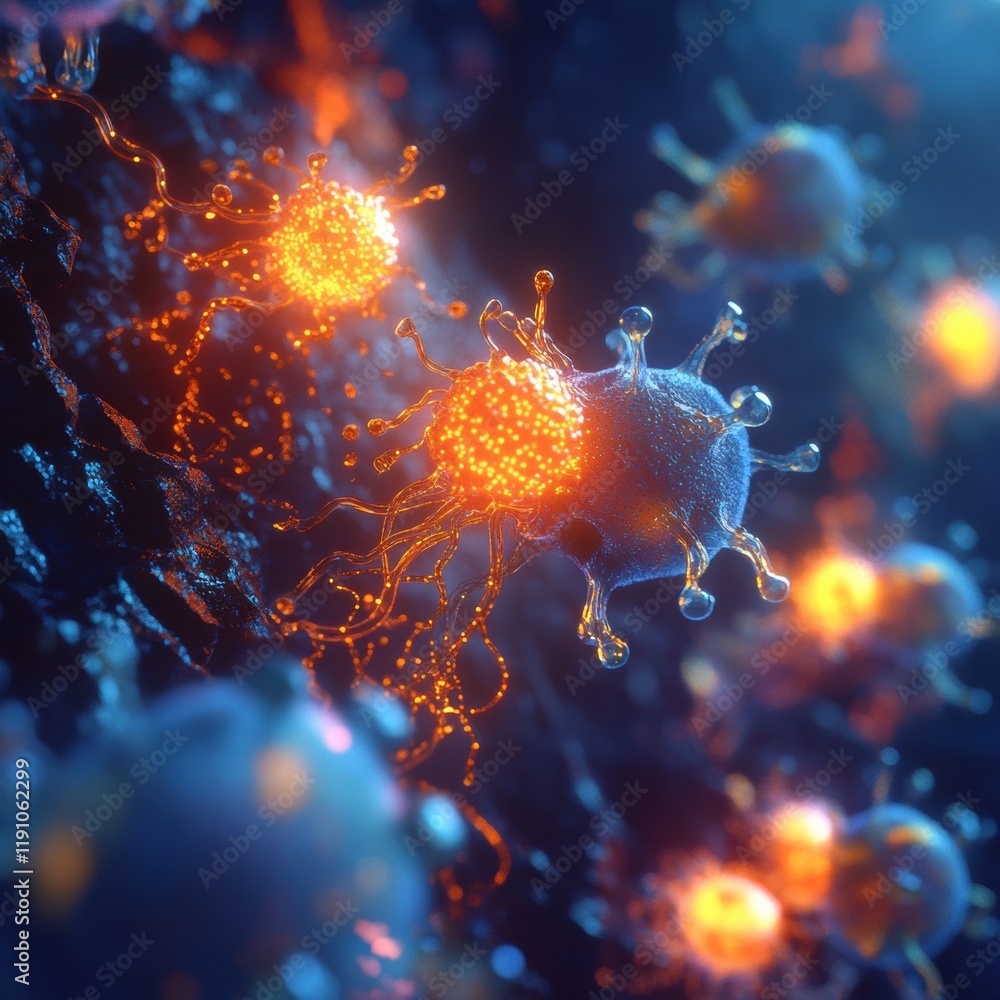 Aufkleber viruses invading human cells illustrating intricate biological interactions in a microscopic environ