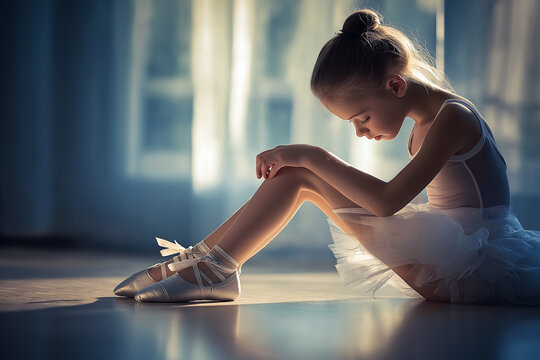 Cute young ballerina tying the ribbons of her tiny pointe shoes while sitting on the floor, her face filled with focus and determination.