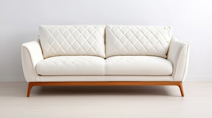 A modern, white upholstered sofa with a quilted design and wooden legs, set against a minimalist background.