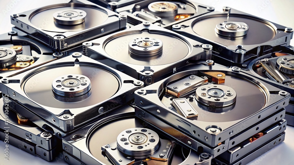 Poster stack of hard drives on white background - data storage technology image